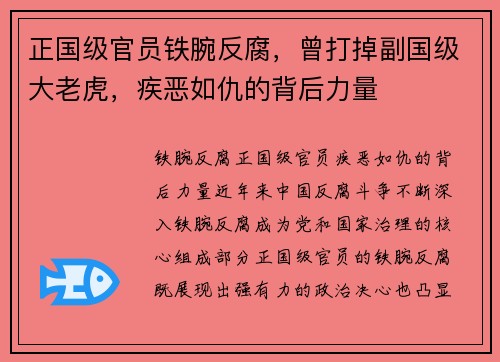 正国级官员铁腕反腐，曾打掉副国级大老虎，疾恶如仇的背后力量