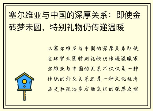 塞尔维亚与中国的深厚关系：即使金砖梦未圆，特别礼物仍传递温暖