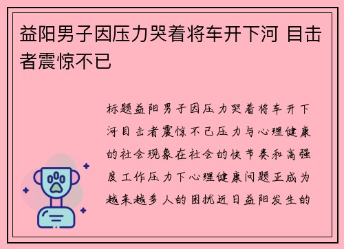 益阳男子因压力哭着将车开下河 目击者震惊不已