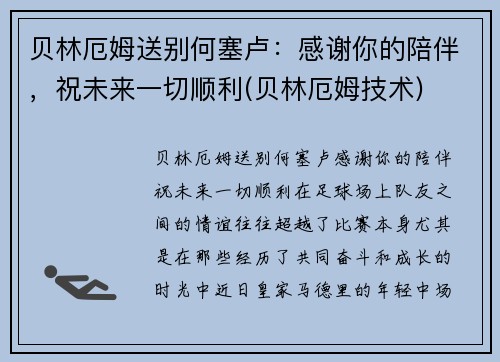 贝林厄姆送别何塞卢：感谢你的陪伴，祝未来一切顺利(贝林厄姆技术)