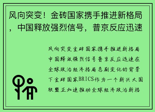 风向突变！金砖国家携手推进新格局，中国释放强烈信号，普京反应迅速