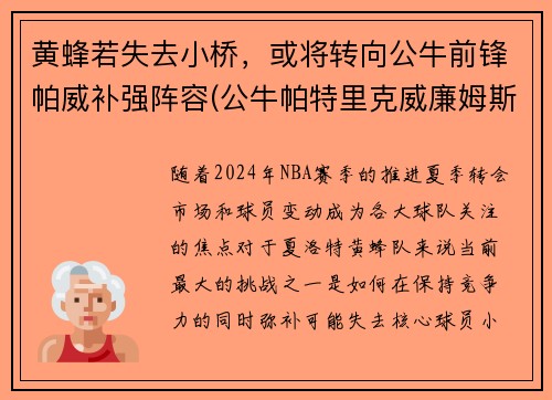 黄蜂若失去小桥，或将转向公牛前锋帕威补强阵容(公牛帕特里克威廉姆斯)