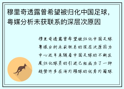 穆里奇透露曾希望被归化中国足球，粤媒分析未获联系的深层次原因
